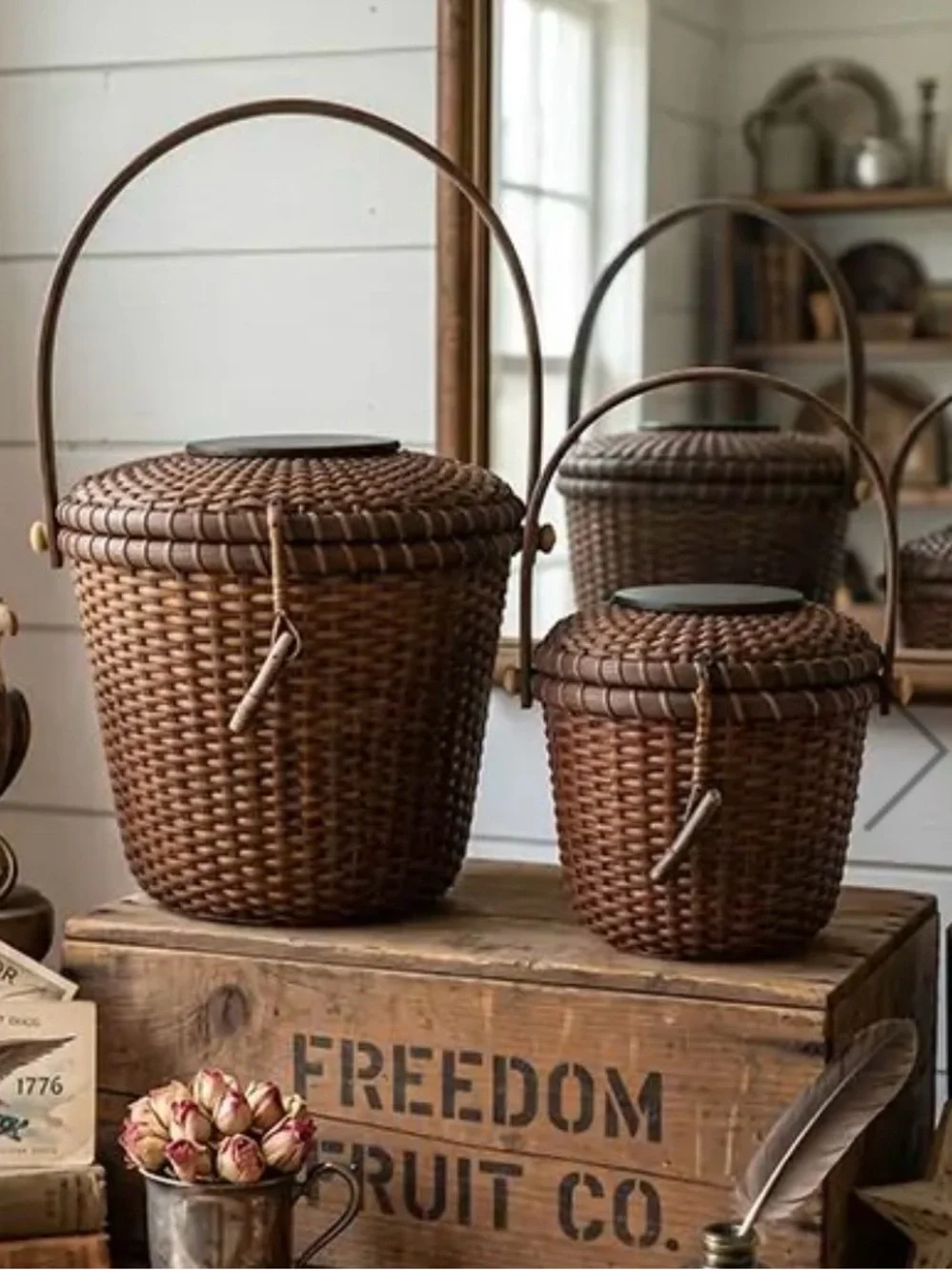 Set of 2 Nantucket Style Baskets - Woven Rattan Basket Tote - Brown Handled Set